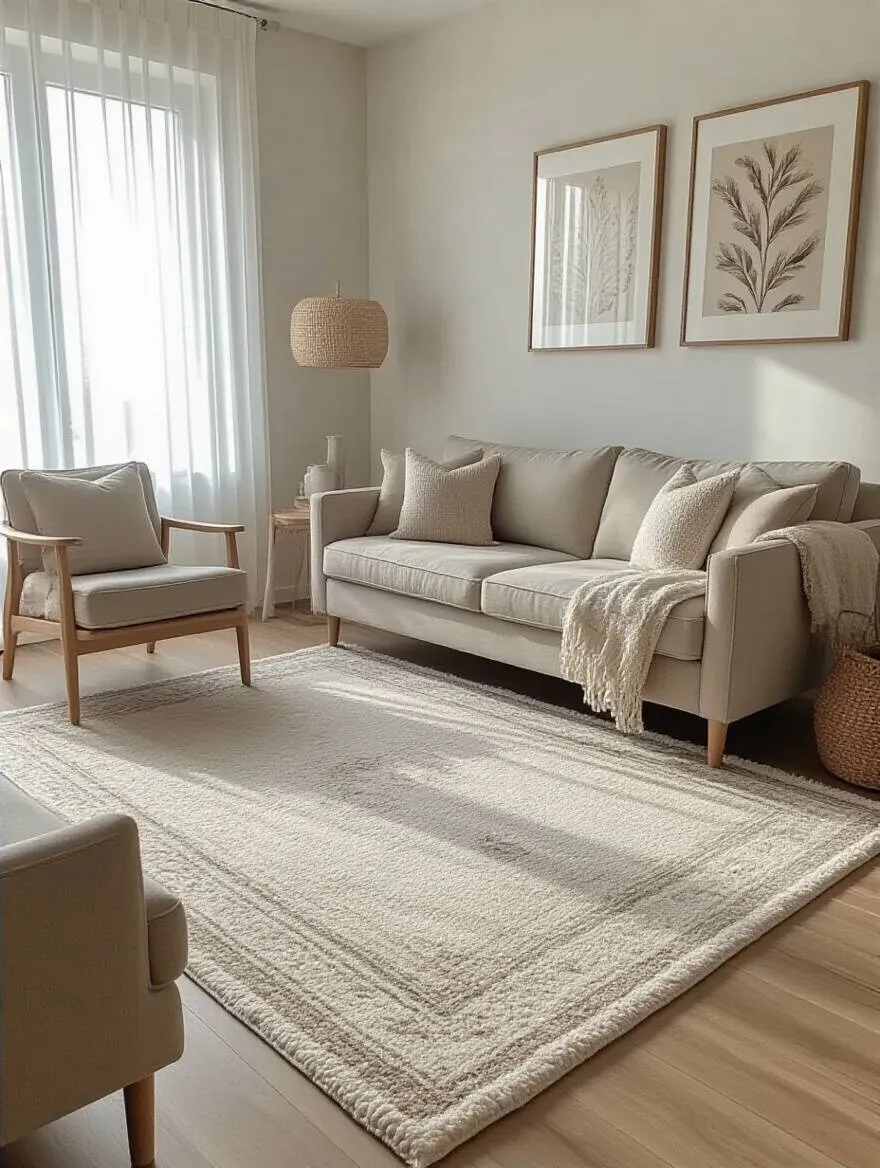 Living room with a large area rug appropriately sized for small spaces