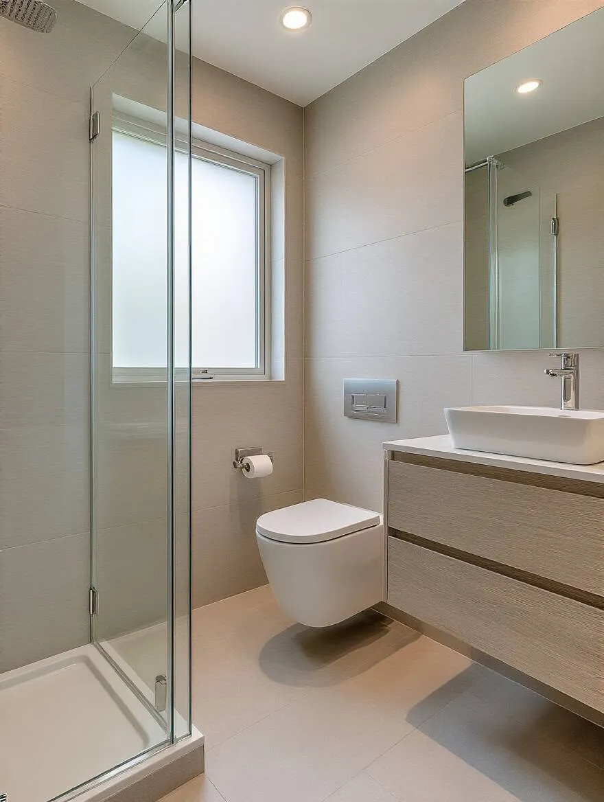 Small modern bathroom with wall-mounted fixtures and frameless glass shower maximizing space