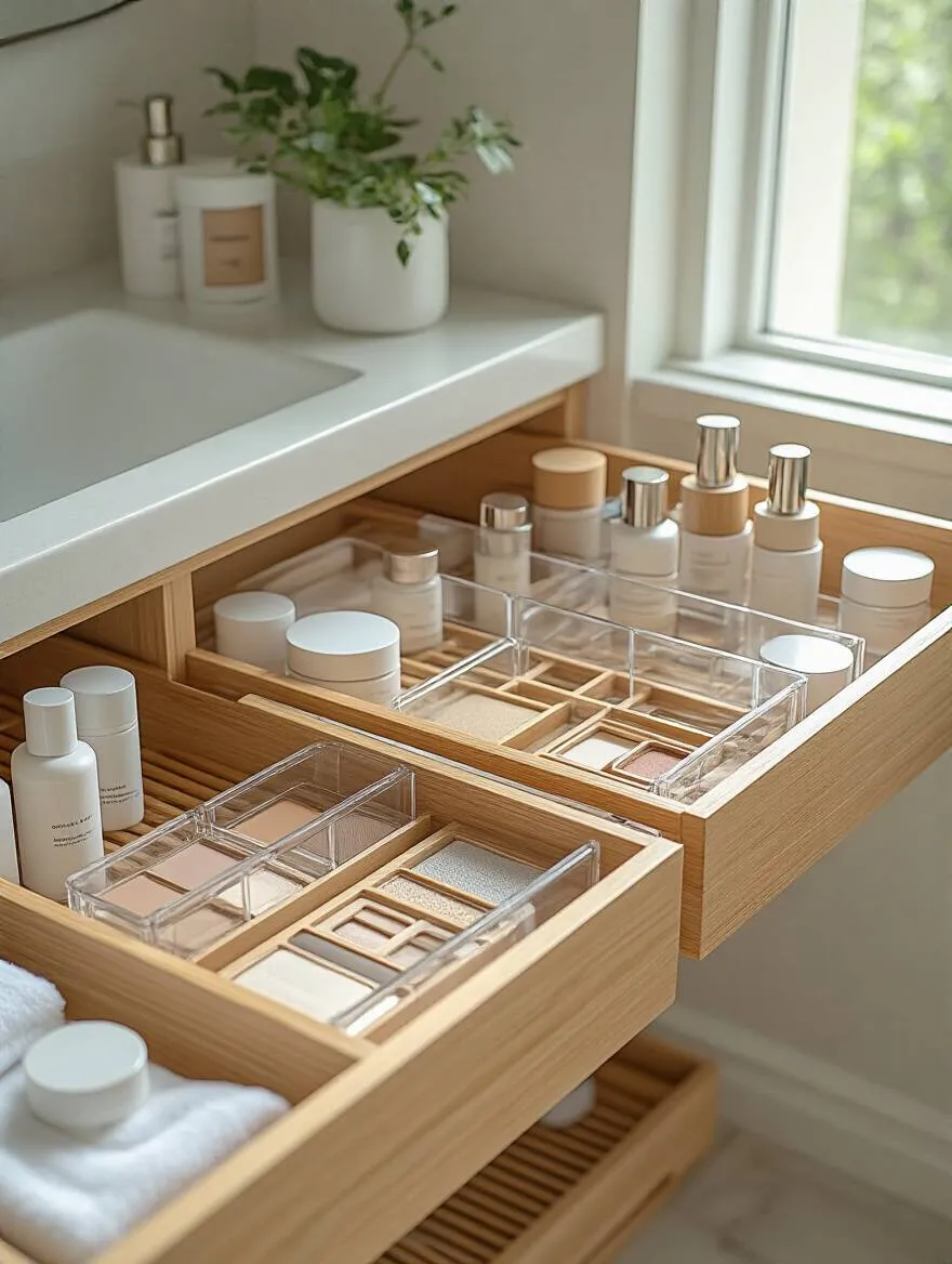 Organized bathroom vanity drawers with dividers and organizers