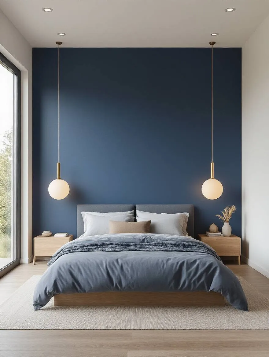 Modern bedroom with a deep navy blue feature wall behind a minimalist bed, styled with neutral bedding and natural wood accents