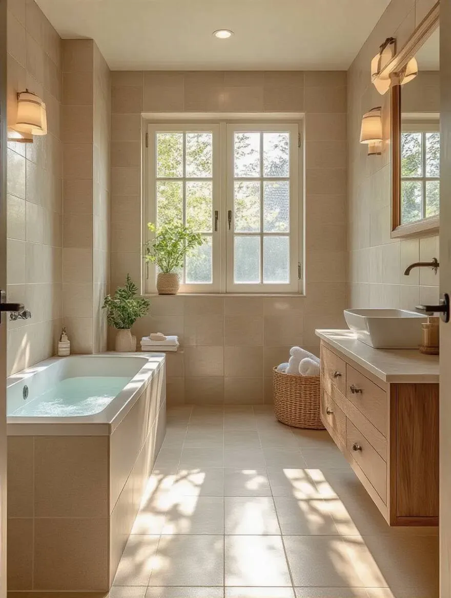 A beautifully designed small bathroom with large-format tiles creating an illusion of space.