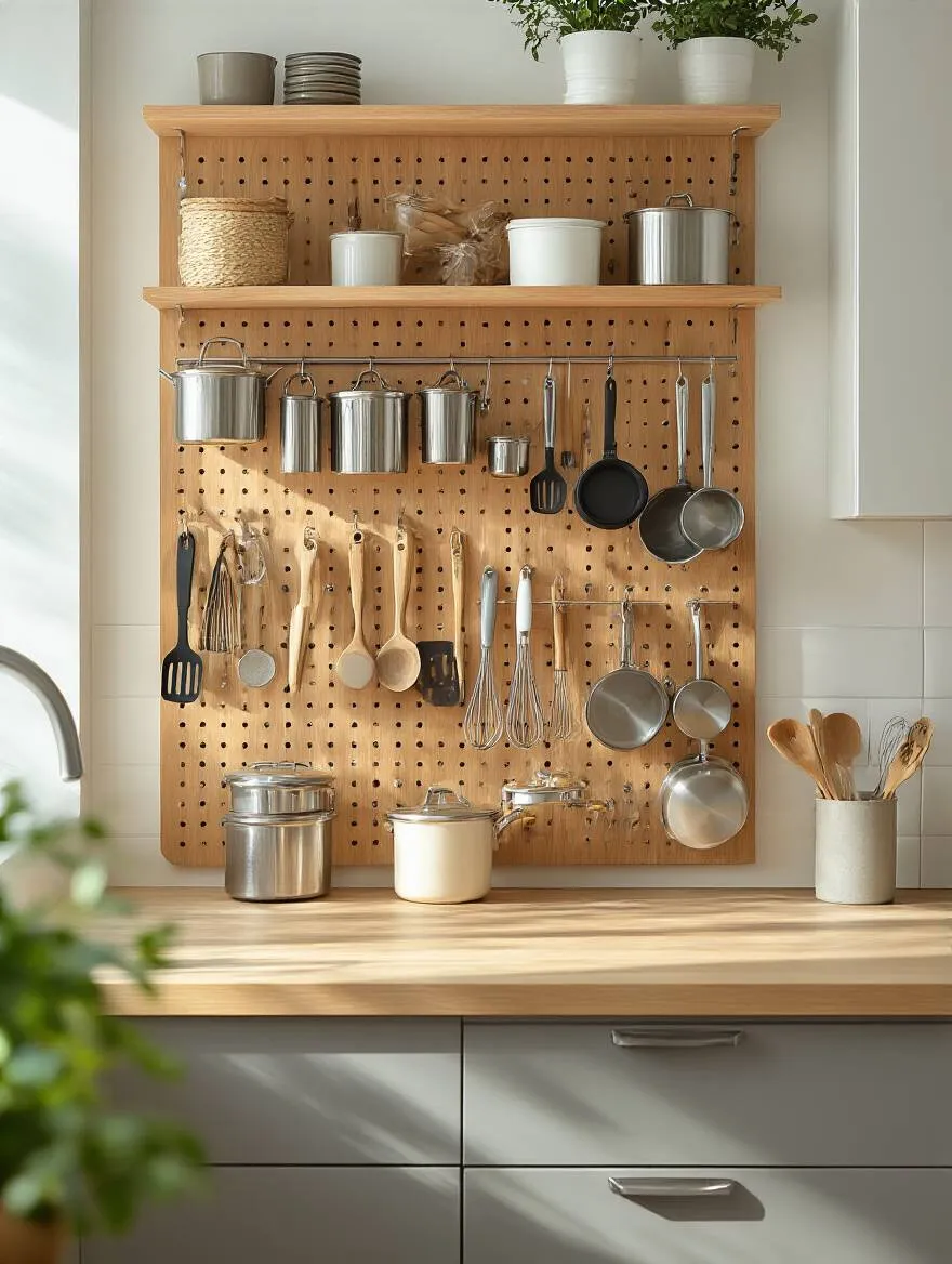 Wooden pegboard mounted on kitchen wall displaying organized kitchen tools with hooks and bins
