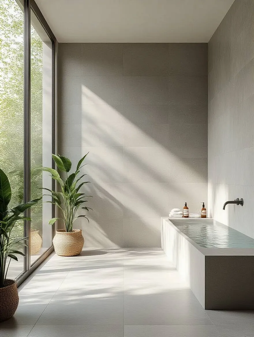 Minimalist bathroom featuring large format tiles with minimal grout lines
