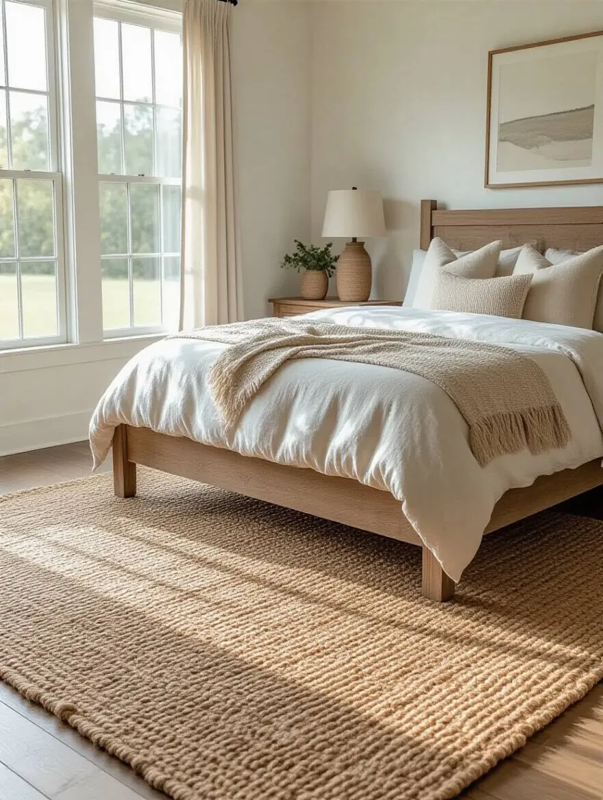 Cozy farmhouse bedroom with a large natural fiber jute rug grounding the bed and nightstands, showcasing organic texture and warm lighting