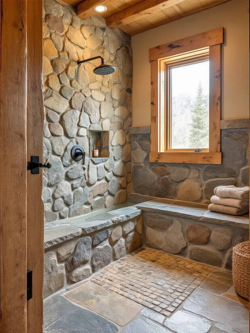 Rustic bathroom with river rock shower and slate flooring
