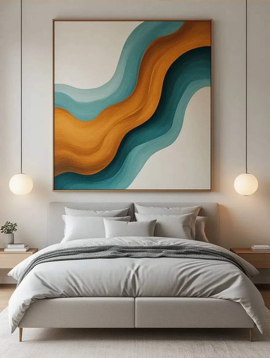 Modern bedroom interior with oversized abstract statement art above bed, creating dramatic focal point