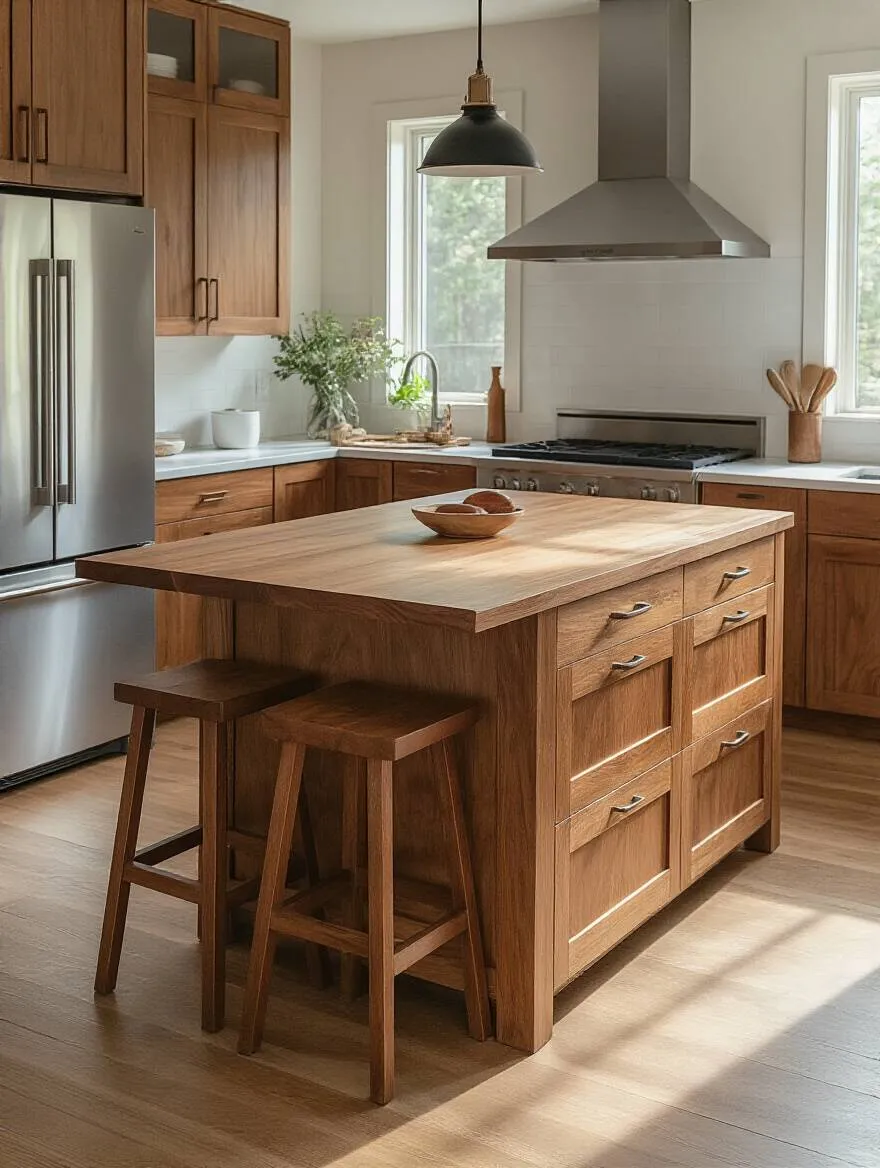 Wood kitchen island optimizing kitchen triangle flow with clear pathways between refrigerator, sink, and stove