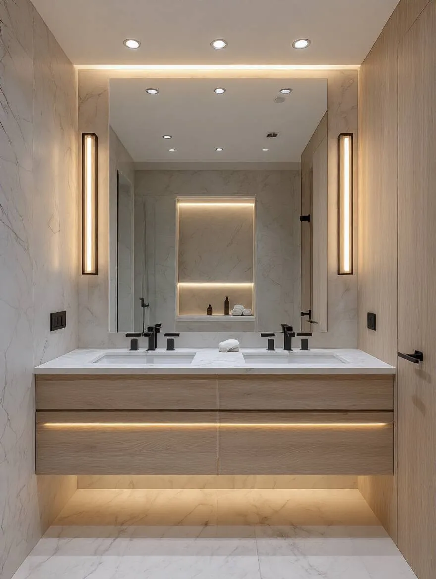 Modern bathroom vanity illuminated by layered lighting including vanity sconces, recessed ceiling lights, and accent LED strips