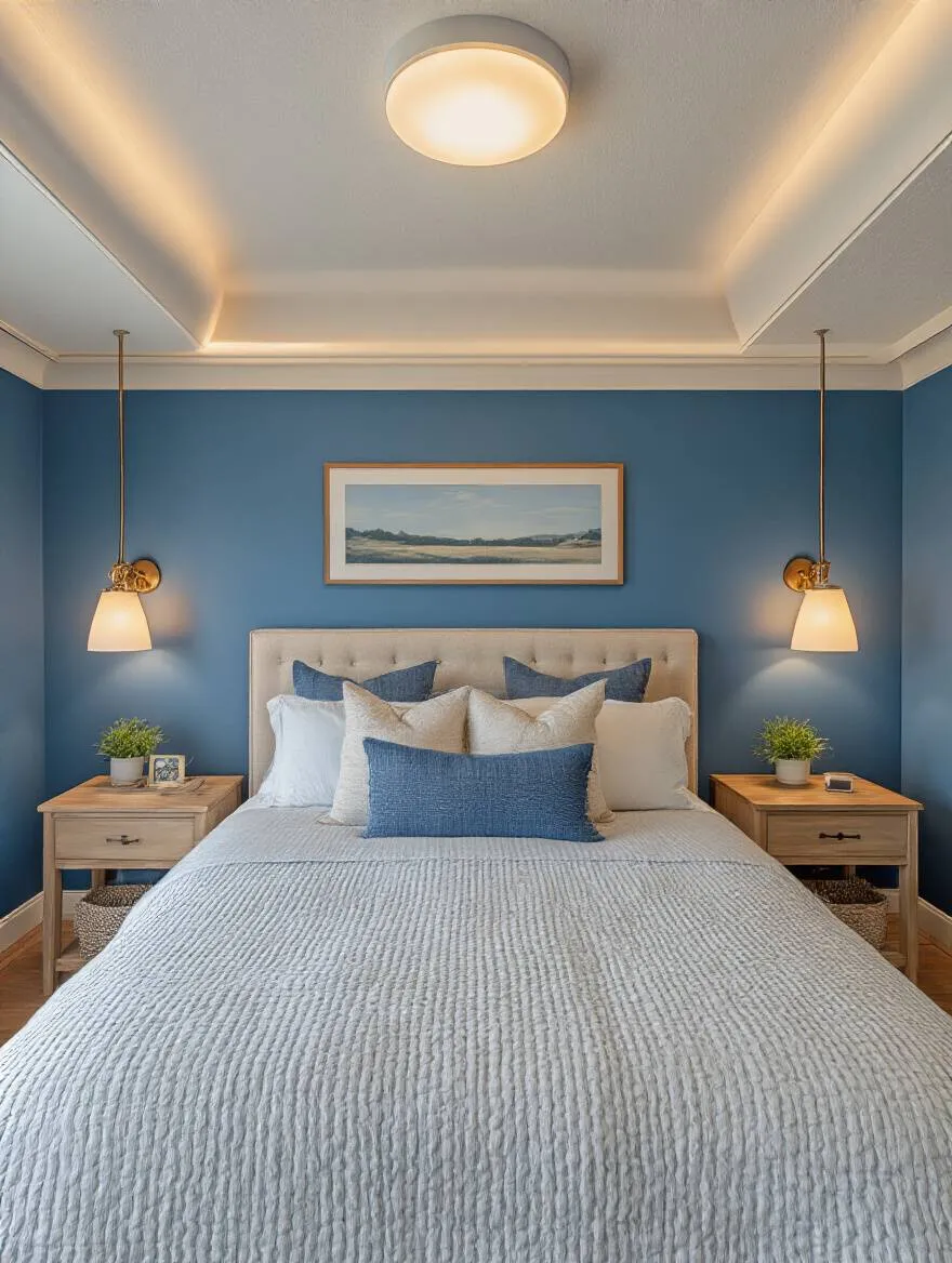 Blue bedroom wall enhanced by layered high CRI lighting showing vibrant and rich blue hues