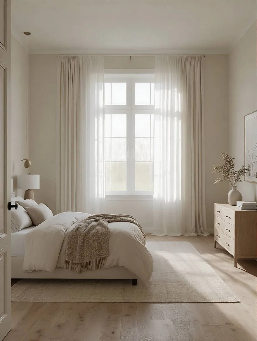 Optimized master bedroom layout with queen bed, clear pathways, and natural lighting emphasizing flow and comfort