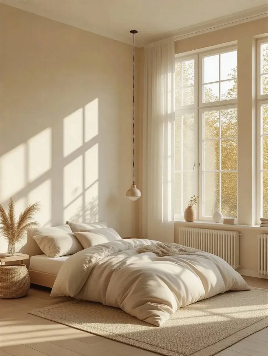Bright and airy bedroom with high-LRV off-white walls reflecting natural light