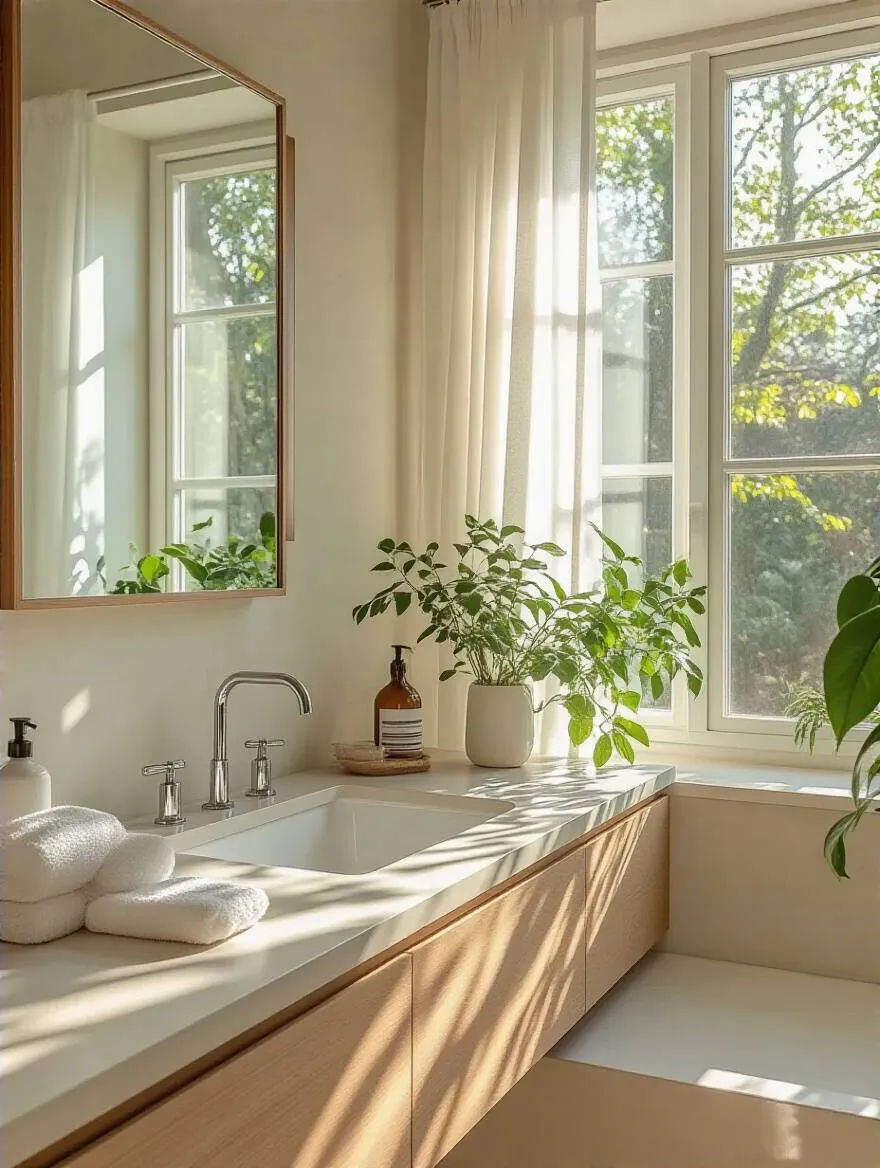 Minimalist bathroom with abundant natural light, large windows, and a frameless mirror.