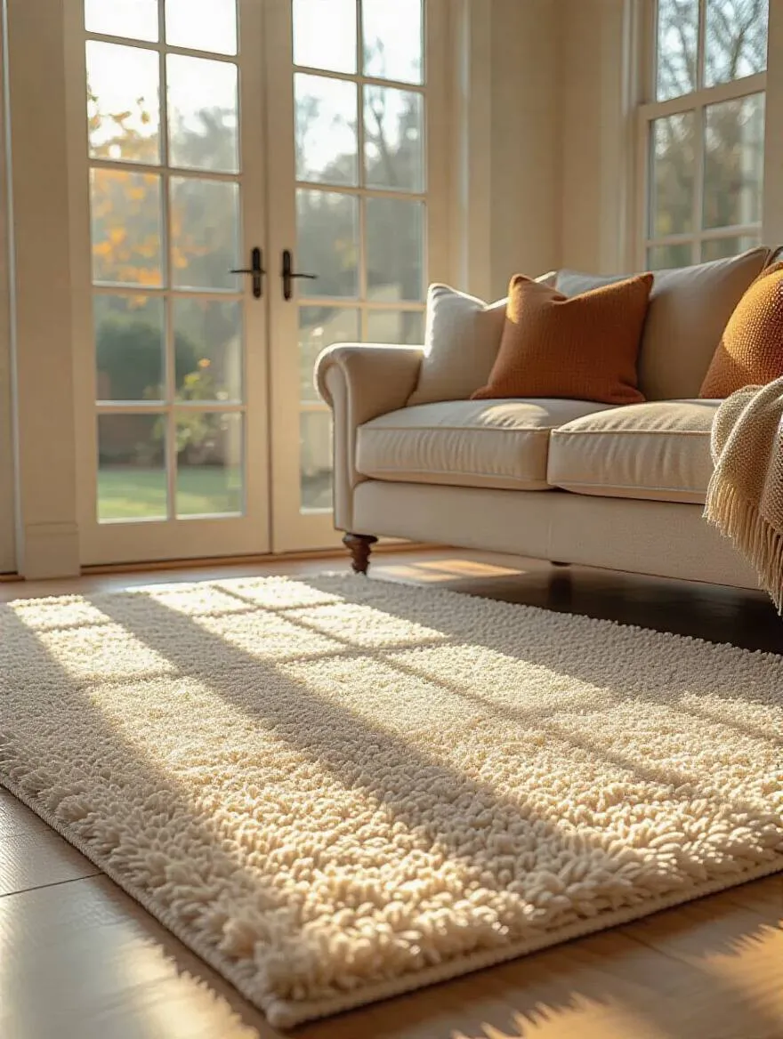 Living room with a durable, low-pile rug in a sunlit space, highlighting rug choice optimization.