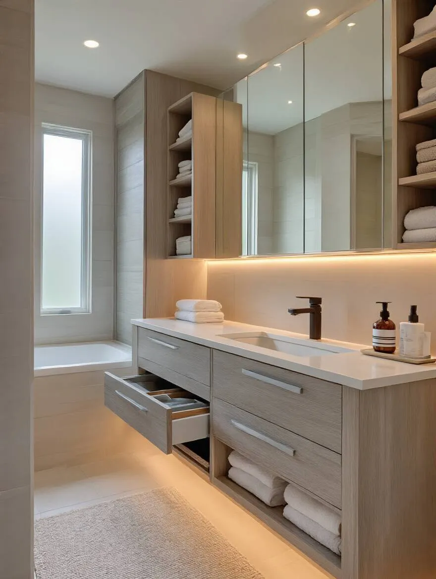 Modern bathroom with optimized storage solutions including pull-out drawers, recessed medicine cabinet, and tall linen shelves for a clutter-free environment