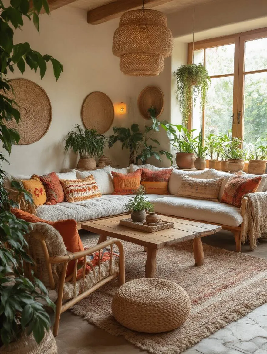 Beautifully arranged bohemian living room with optimized layout for flow and conversational comfort