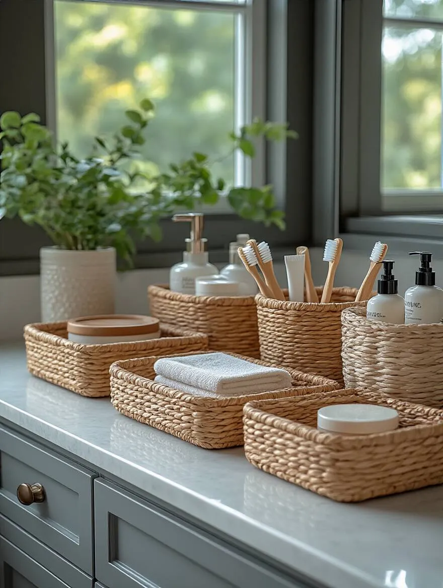 Organized bathroom vanity with decorative baskets and trays holding essentials, styled neatly in a well-lit professional portrait photo