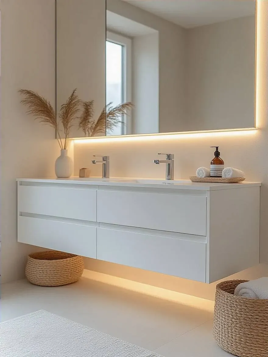Minimalist bathroom with sleek handle-less cabinetry and serene decor