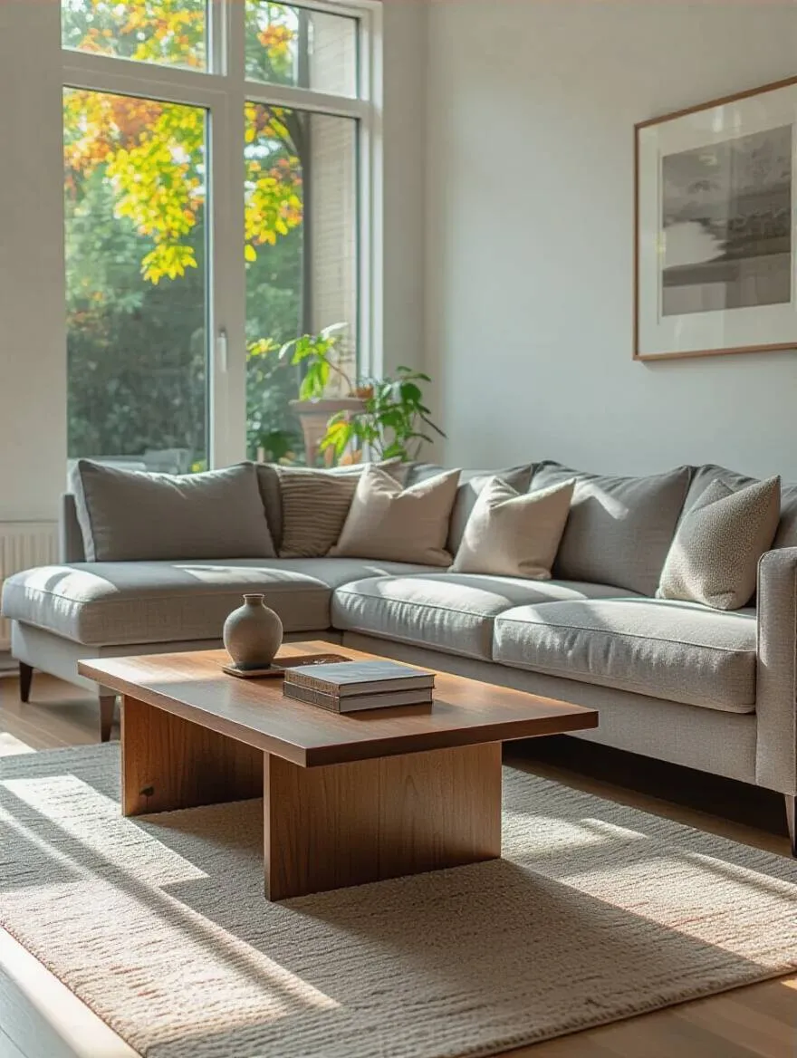 Modern living room with a coffee table proportionate to the seating area showing perfect furniture balance and spacing