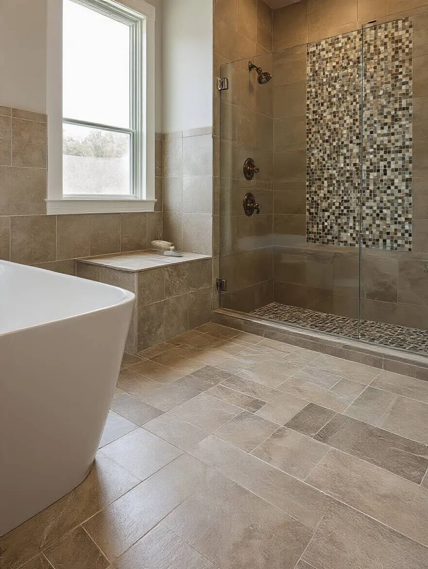 Modern bathroom corner featuring porcelain, ceramic, and mosaic tiles showcasing durable and stylish tile materials