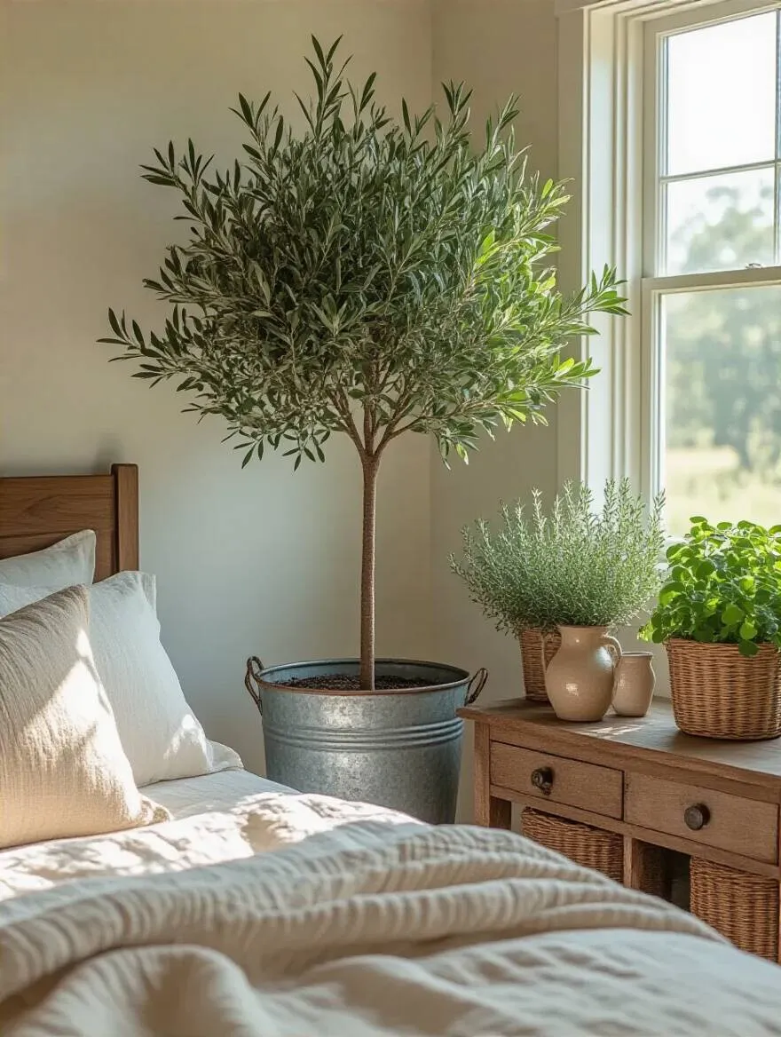 Cozy farmhouse bedroom corner with fresh and faux greenery in rustic containers providing organic vitality