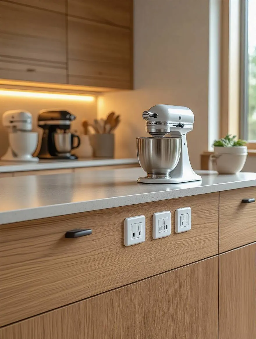 Modern wood kitchen island with strategically placed electrical outlets, small appliances plugged in, and a clean, organized countertop.
