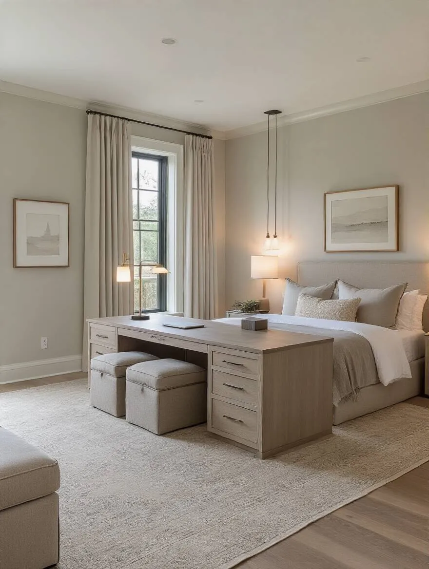Master bedroom with neutral tones, modular furniture, and layered lighting designed for long-term versatility and adaptability