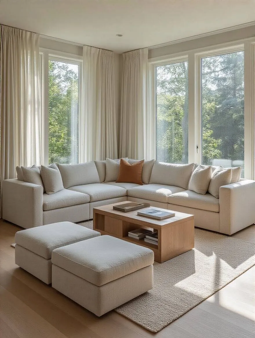 Modern functional living room furniture with modular sectional sofa, storage ottoman, and nesting coffee tables in natural light