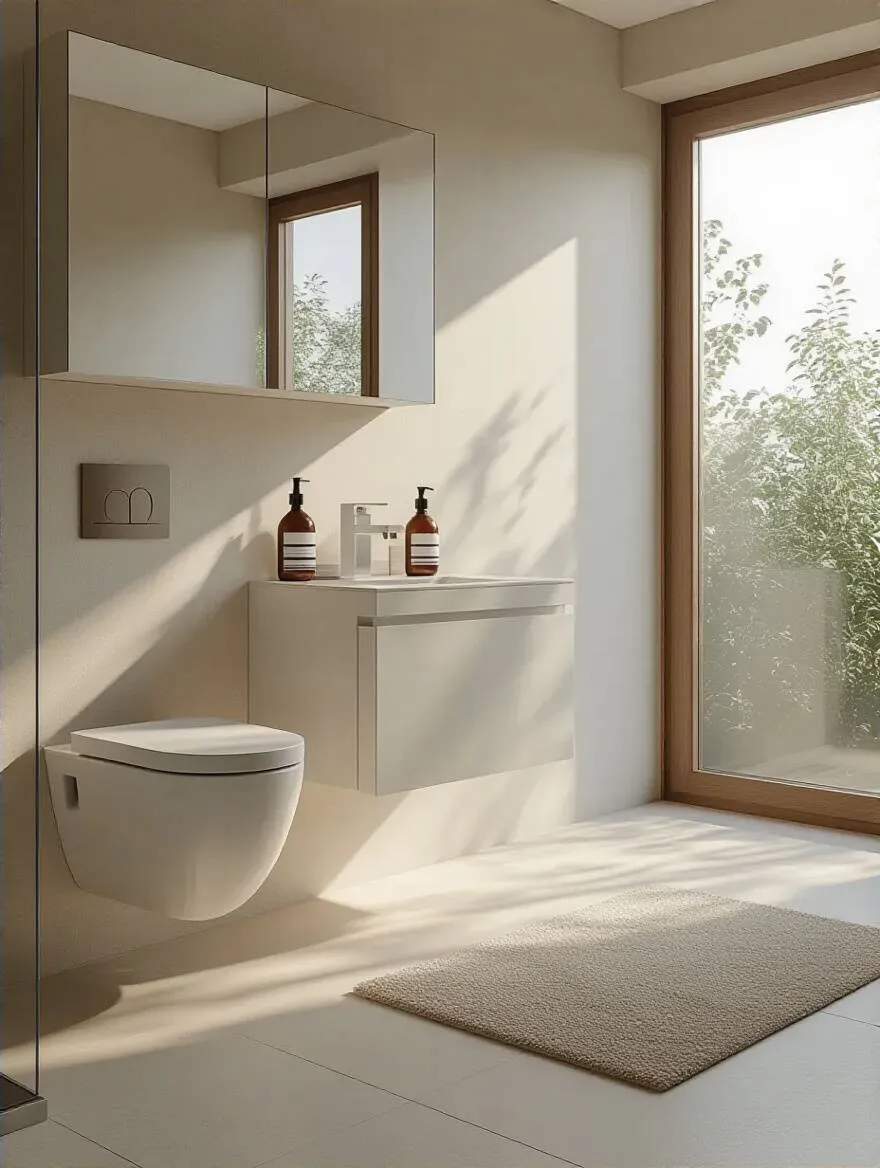 Minimalist bathroom with wall-mounted toilet and recessed medicine cabinet.