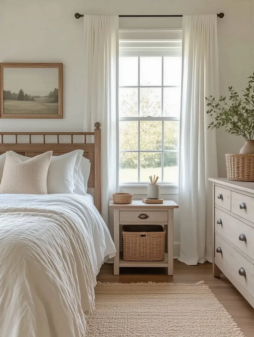 Cozy farmhouse bedroom with thoughtful organization and minimal clutter featuring rustic wooden furniture and woven storage baskets