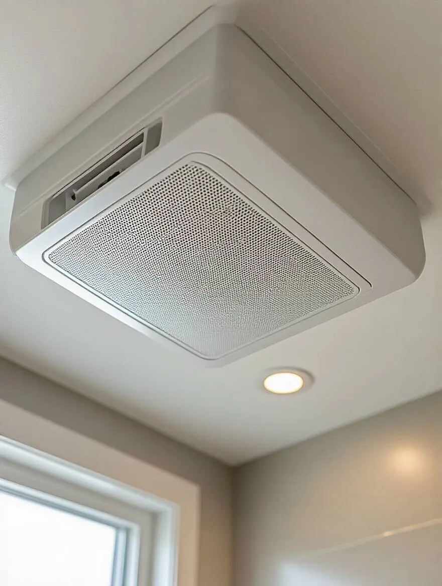 Modern bathroom ventilation system installed on ceiling with natural lighting