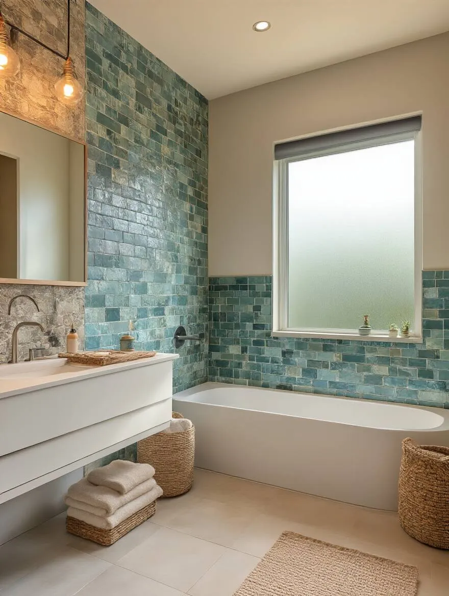 Stylish bathroom featuring eco-friendly and recycled tile options with natural light