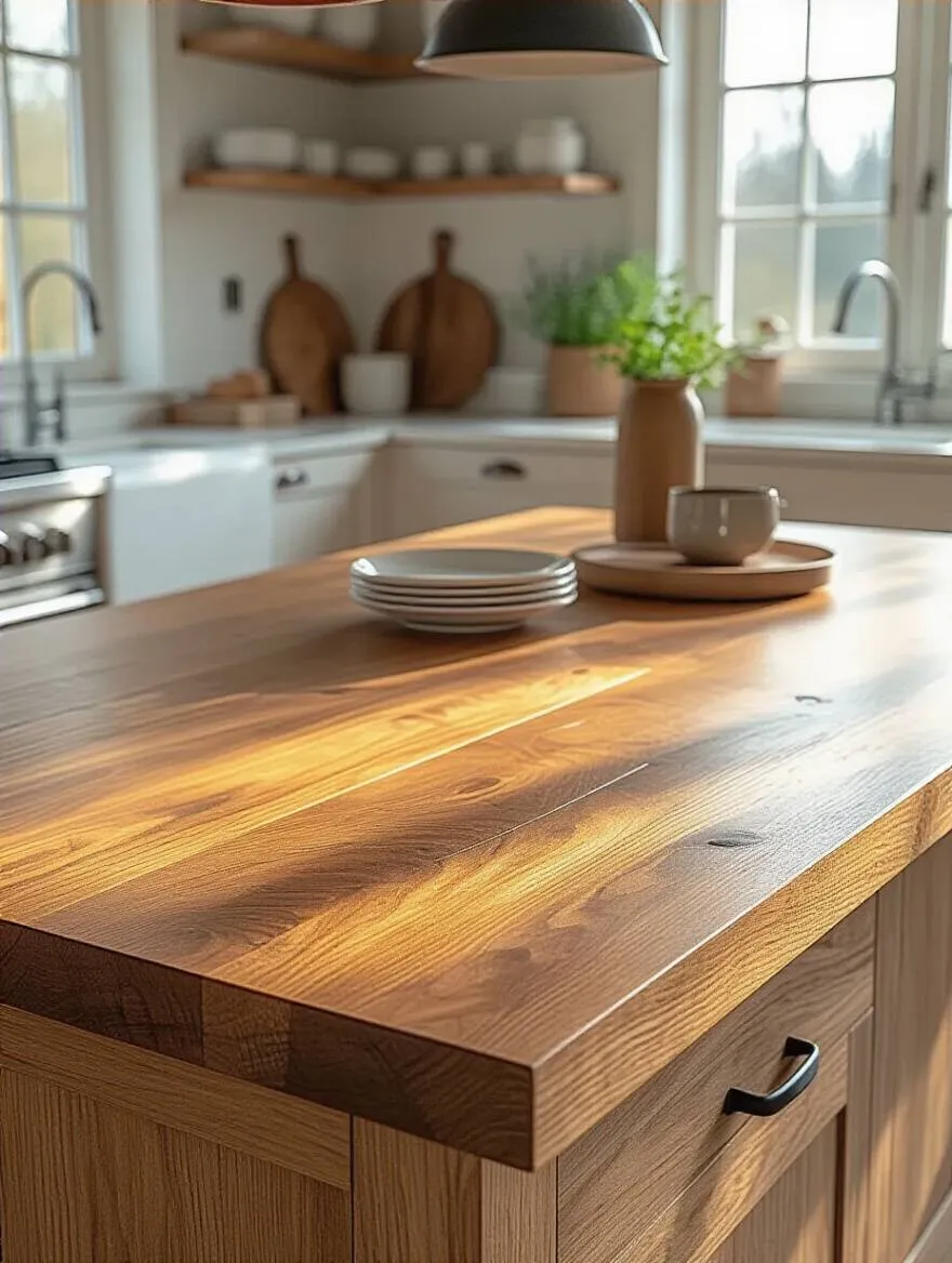 Pristine wooden kitchen island surface protected from heat and moisture damage with trivets and coasters, showcasing no warping or blemishes