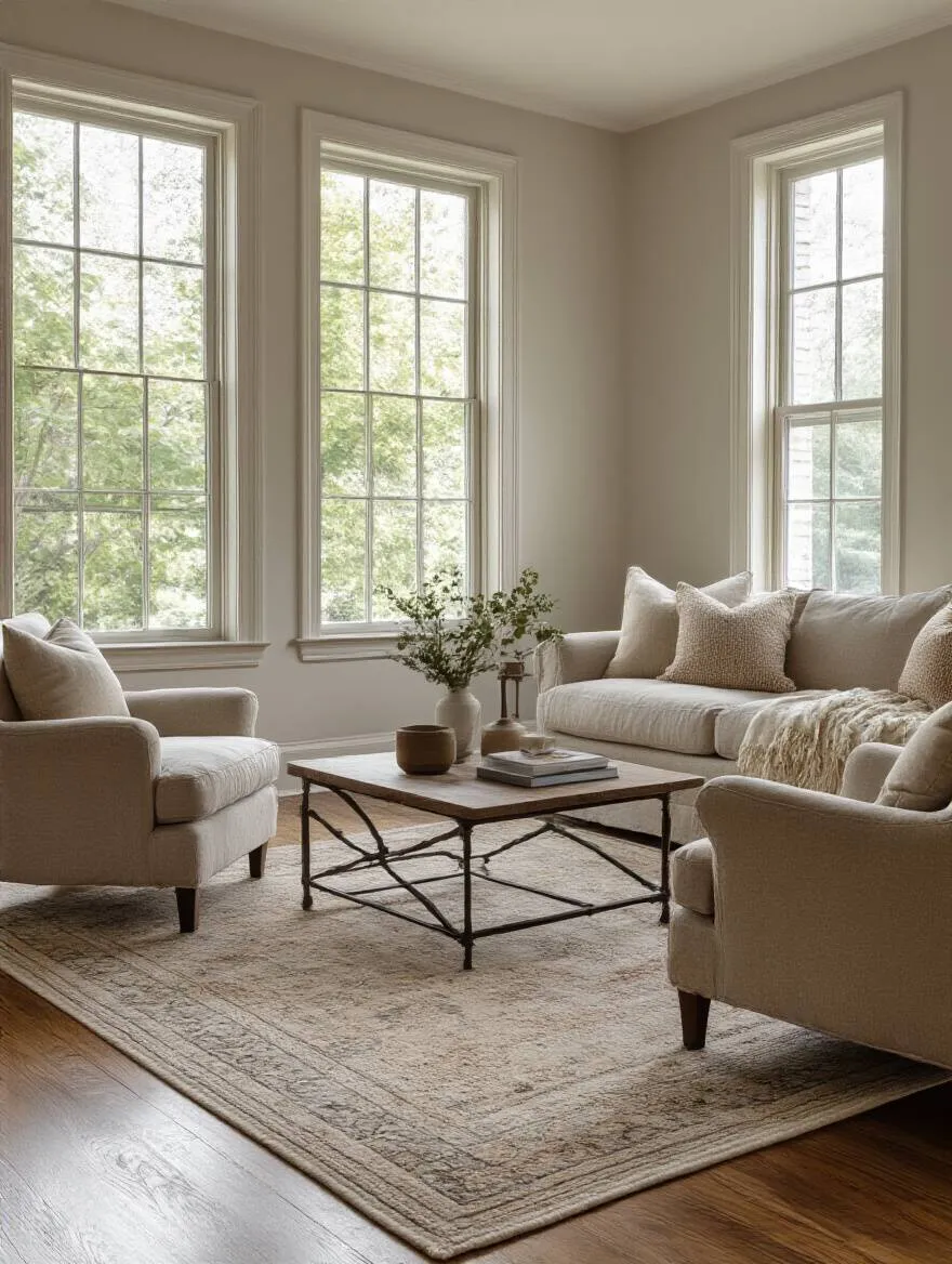 Living room with a perfectly sized rug under a seating area, showcasing visual harmony.