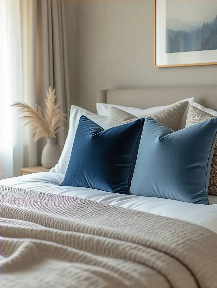 Blue throw pillows arranged on a neatly made bed in a serene bedroom setting with natural soft lighting