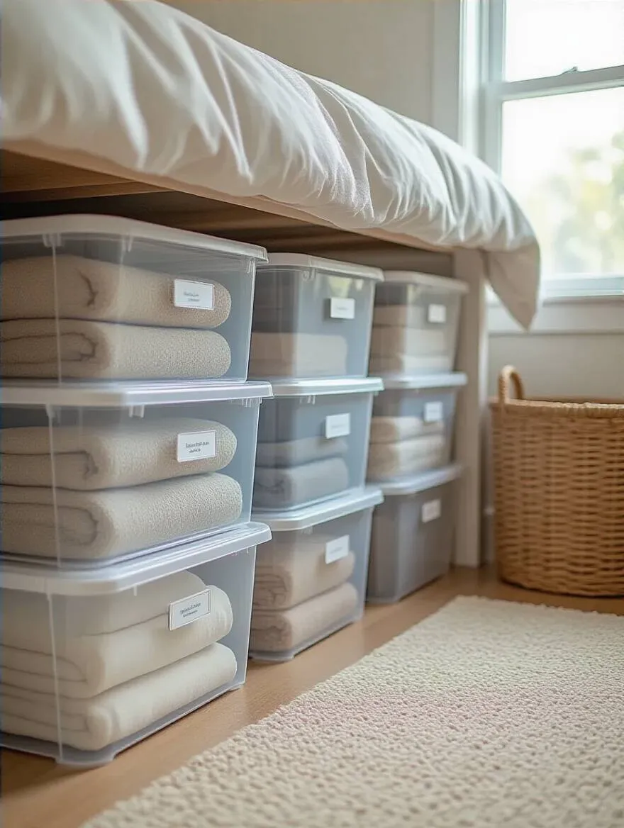 Organized under-bed storage with clear bins and fabric boxes