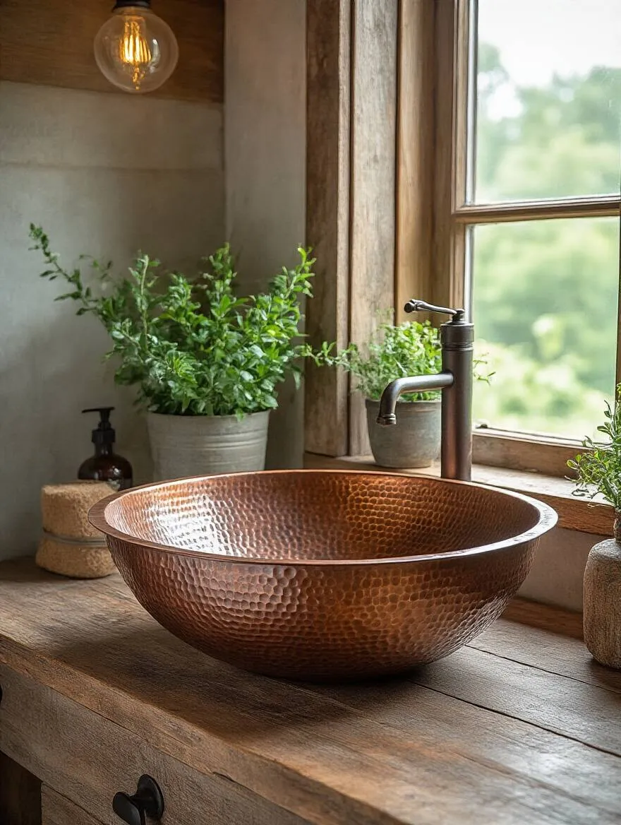 Rustic bathroom featuring a hammered copper basin sink on a reclaimed wood vanity.