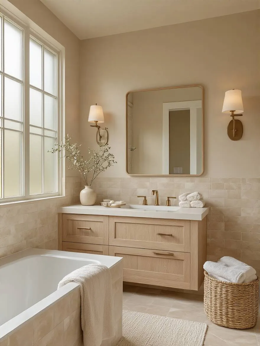 Modern bathroom interior with cohesive warm beige color palette and light oak vanity creating a harmonious and spacious feel
