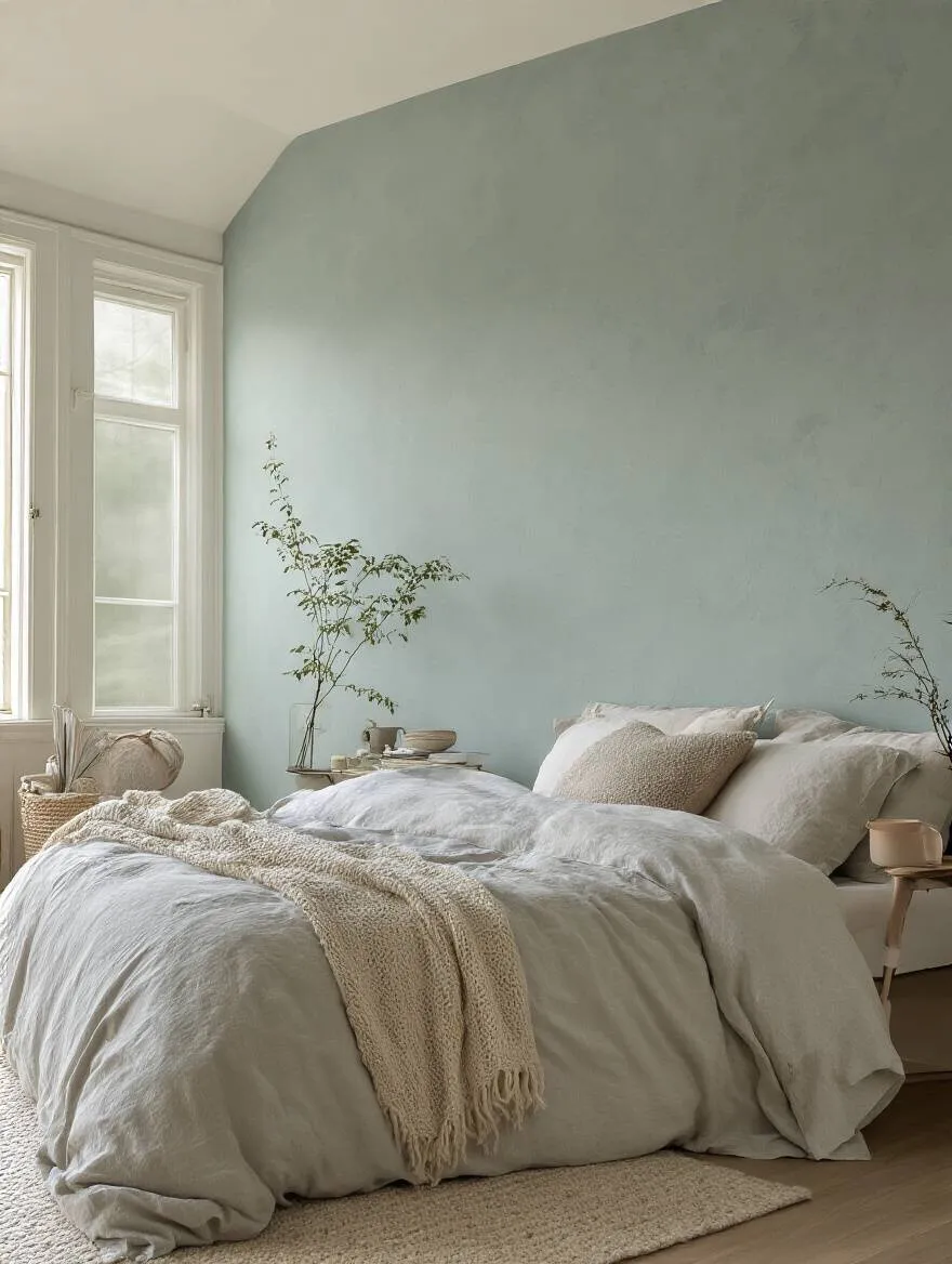 A serene bedroom wall painted with durable, washable paint in soft colors.
