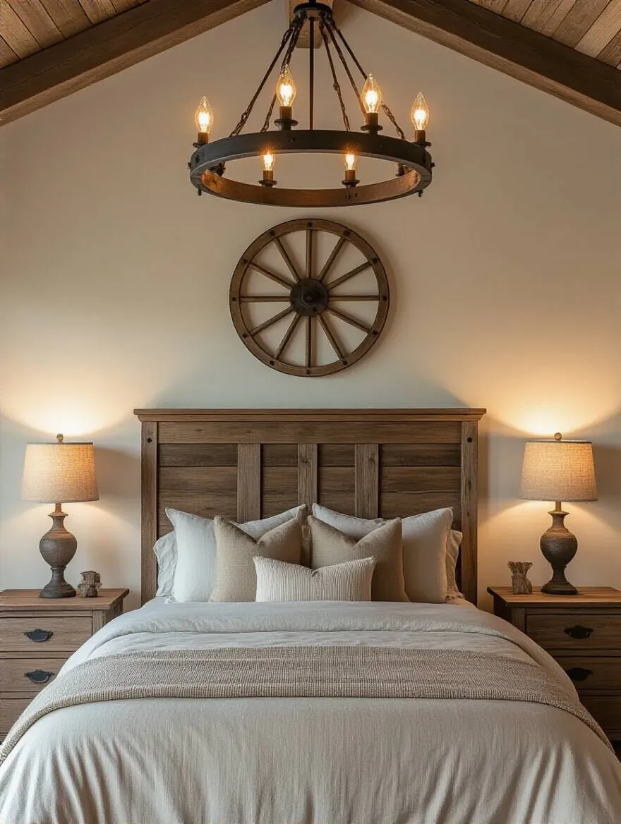 Cozy farmhouse bedroom with wagon wheel chandelier and distressed wood bedside lamps providing warm ambient lighting