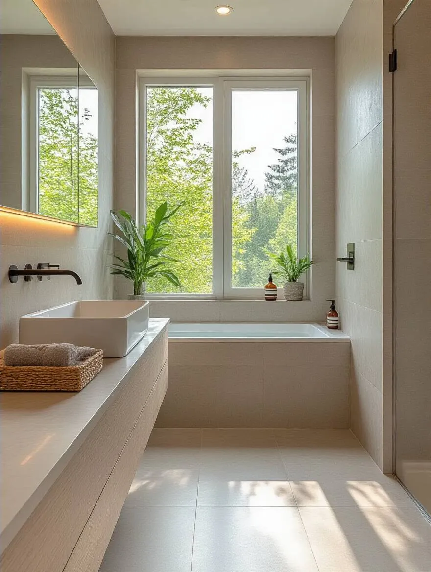 Modern bathroom with low-maintenance large-format porcelain tiles and seamless quartz countertop, showcasing easy upkeep materials