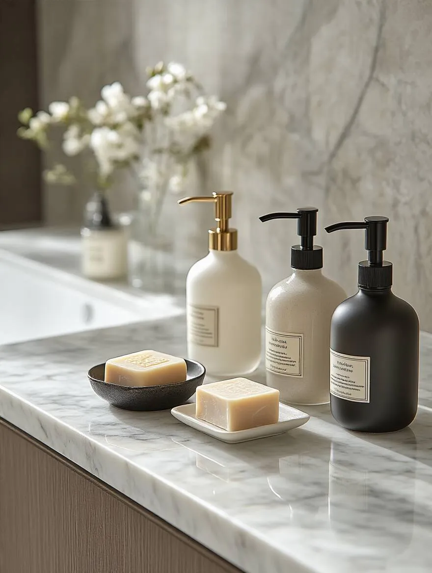 Luxurious soaps and elegant dispensers arranged on a marble bathroom countertop with soft natural lighting
