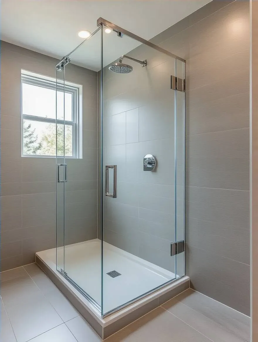 Modern bathroom with clear frameless glass shower enclosure and polished chrome fixtures under soft natural lighting
