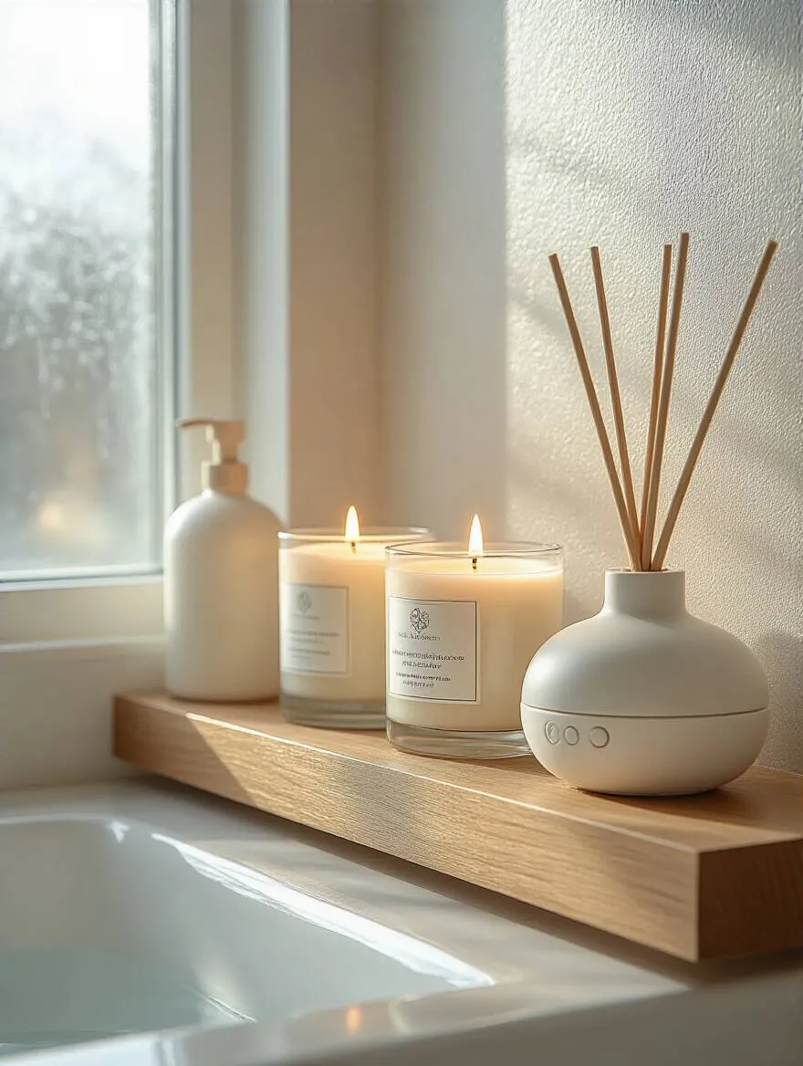 Portrait image of a bathroom shelf with scented candles and diffusers creating a welcoming aroma