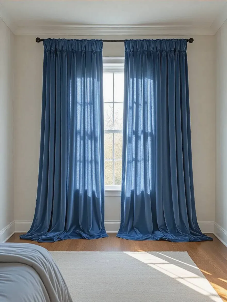 Portrait photo of textured navy blue velvet curtains in a serene bedroom setting with soft natural light and elegant fullness