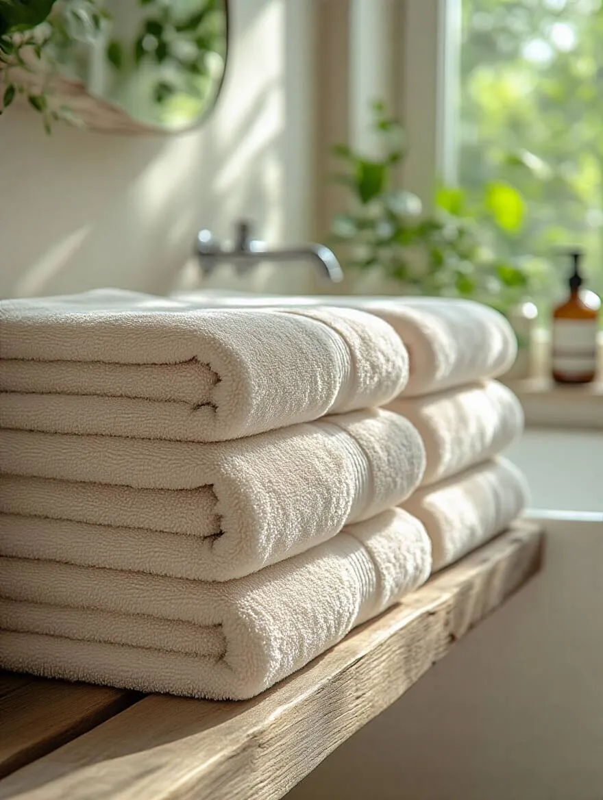 A minimalist bathroom with uniform high-quality towels arranged neatly on a wooden shelf.