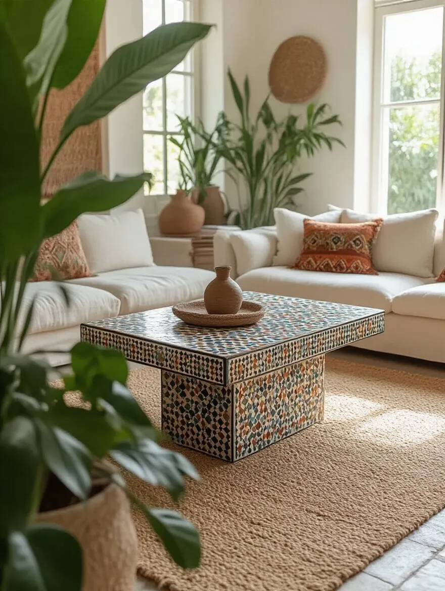 Boho living room featuring a unique Moroccan zellige coffee table with a neutral sofa and jute rug.