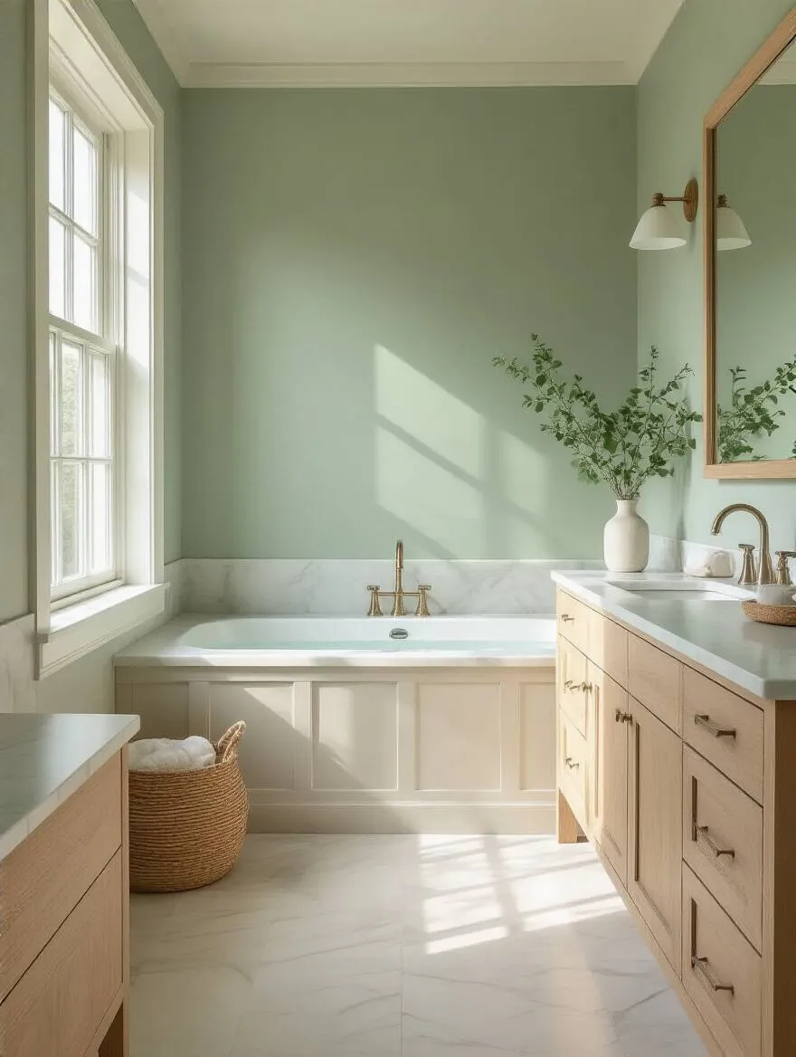 Serene bathroom interior featuring a harmonious color palette with sage green walls, white marble countertops, and natural wood accents