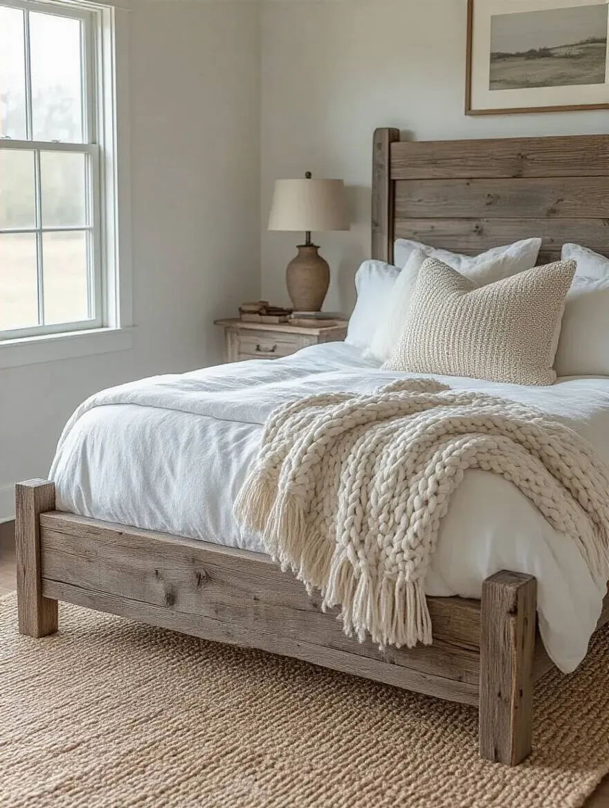 Rustic wood bed frame in a cozy farmhouse bedroom with white linens and natural lighting