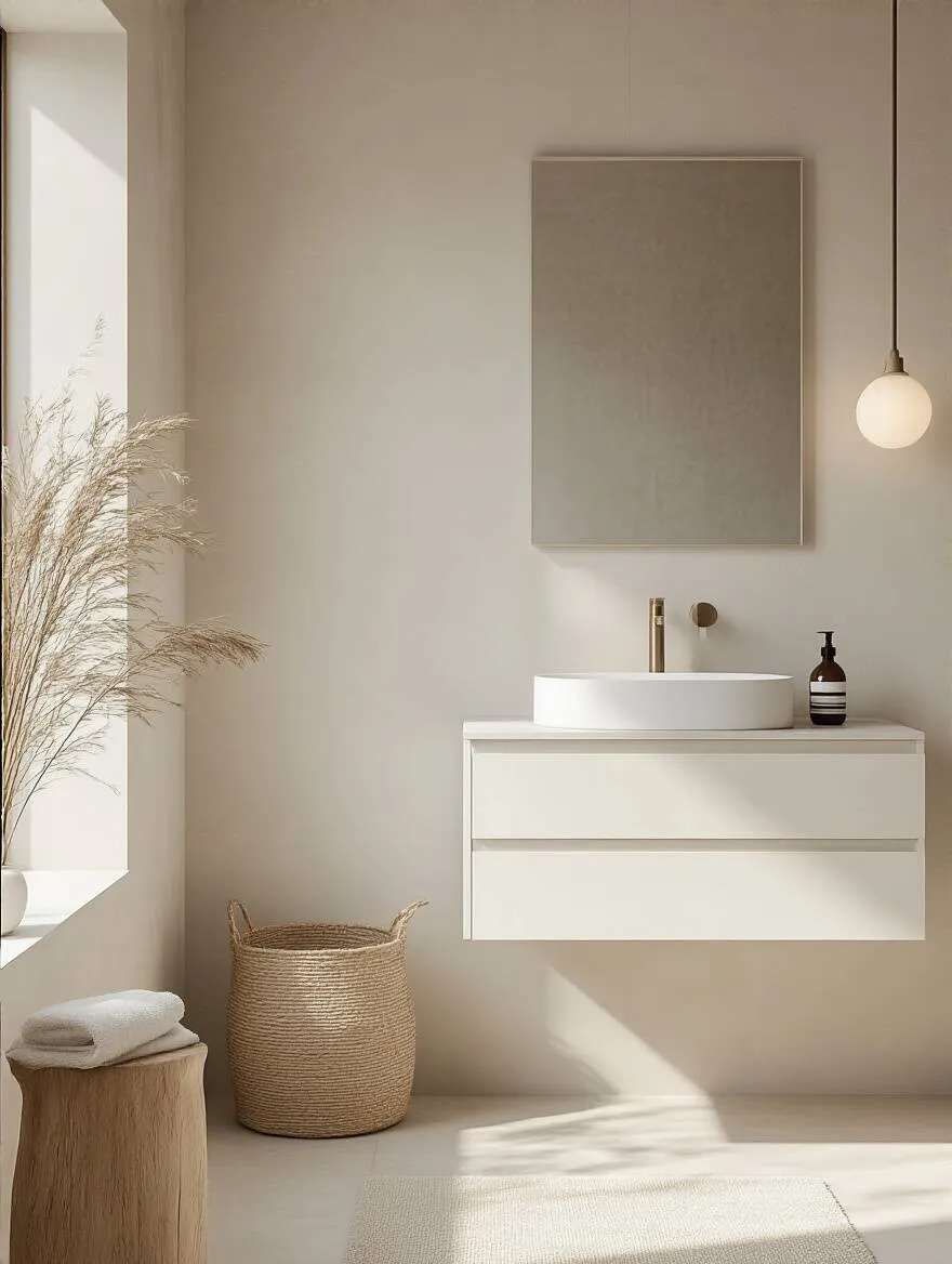 Minimalist bathroom with serene neutral color palette featuring off-whites and light greys.