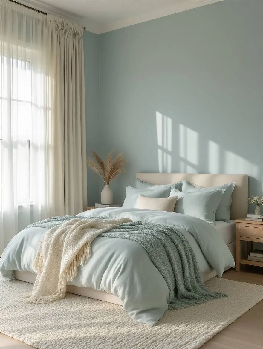 Master bedroom interior featuring a soothing color palette with soft blues, muted greens, and creamy whites promoting tranquility